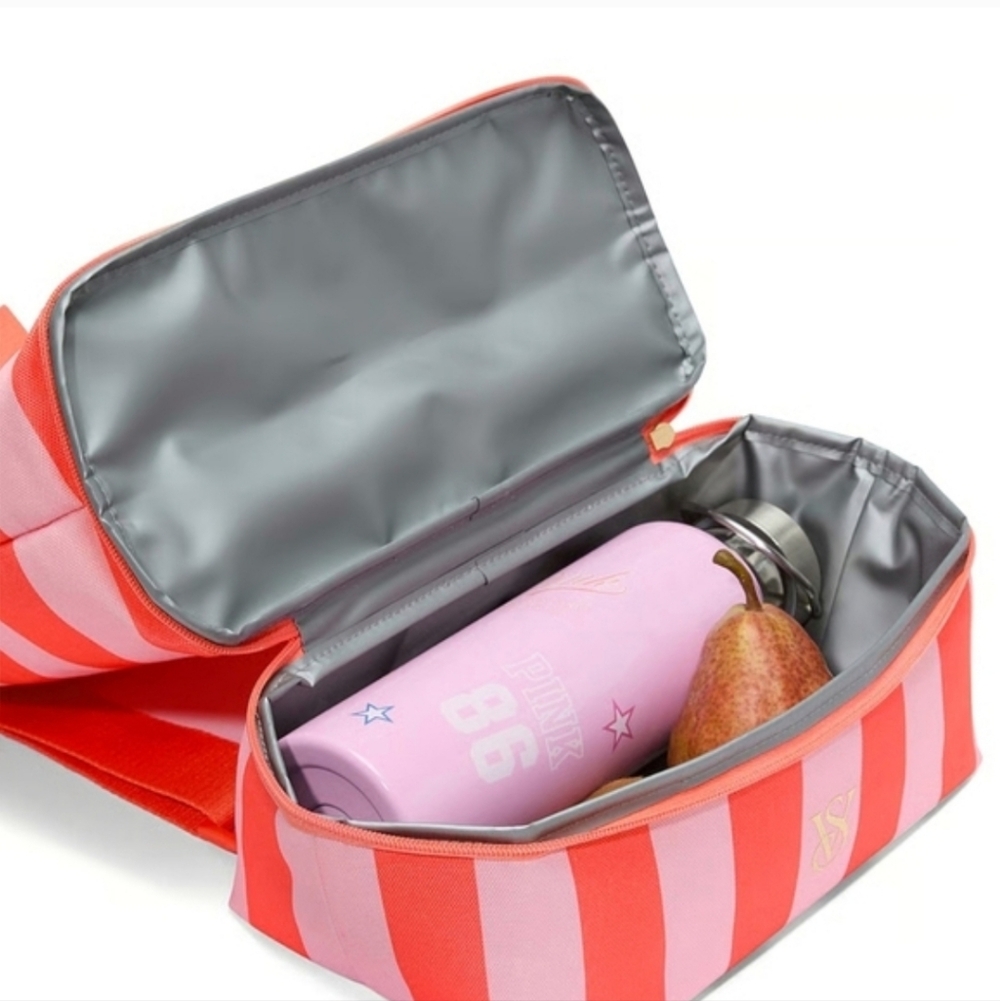 Victoria's Secret Pink & Coral Striped Beach Bag Backpack Cooler New - Picture 4 of 4
